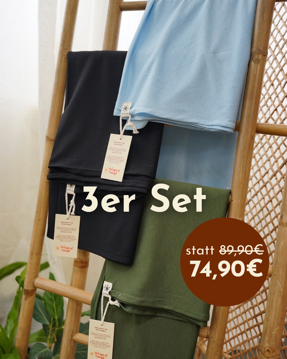 Set of 3 lightweight hijab "Hava" made from organic cotton (Morning Sky, Twilight Green, Black Night)